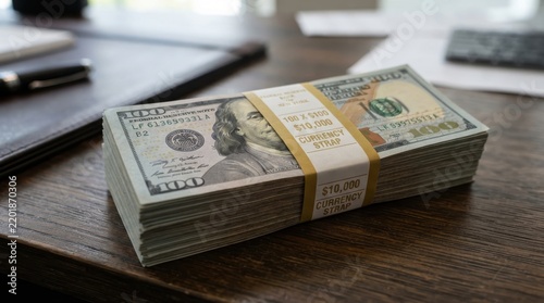 A stack of one hundred dollar bills banded with a paper strap on a dark wooden desk in an office roo