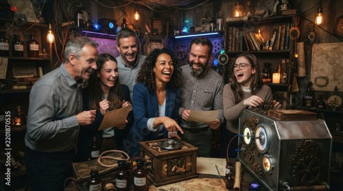 A diverse group of friends laughing excitedly while working together on a puzzle in a themed room ga