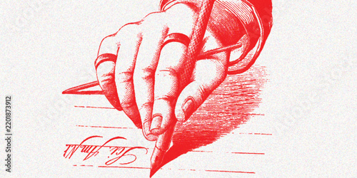 Hand Signing Document with Fountain Pen, Vintage Engraving Illustration
