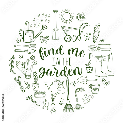 Find Me in the Garden hand lettering with doodle garden tools in circle