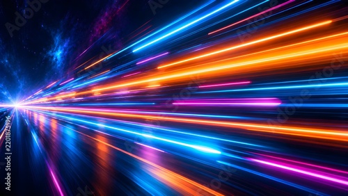 Abstract glowing light trails streaks with dynamic motion speed effect, futuristic tech background concept with blue and orange energy