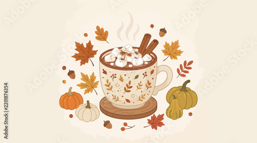 Cozy Autumn Hot Chocolate with Marshmallows, Cinnamon Sticks, and Fall Leaves