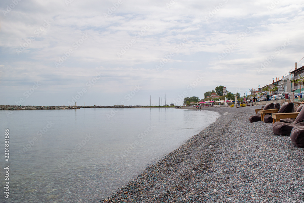 Fototapeta premium Quiet Pebble Beach and Seafront in Platamonas Greece