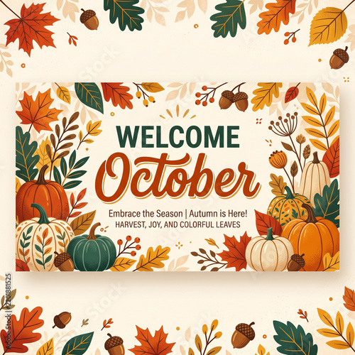 Autumn harvest banner design welcoming October with pumpkins and colorful leaves for seasonal marketing