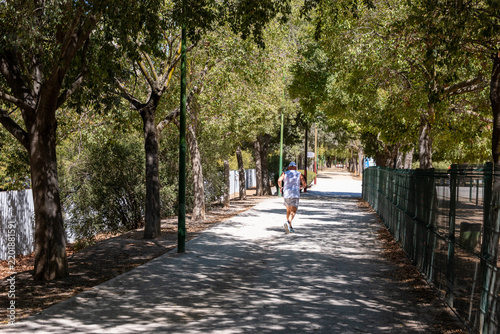 Senior man jogging through a shaded tree avenue in an urban park
