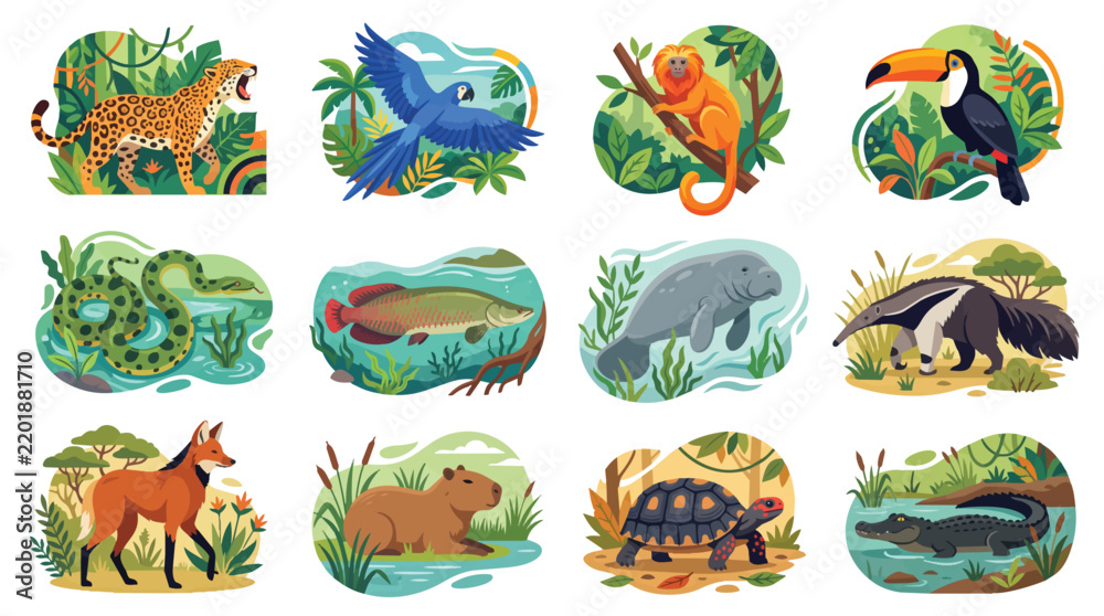 Obraz premium Collection of diverse jungle wildlife animals