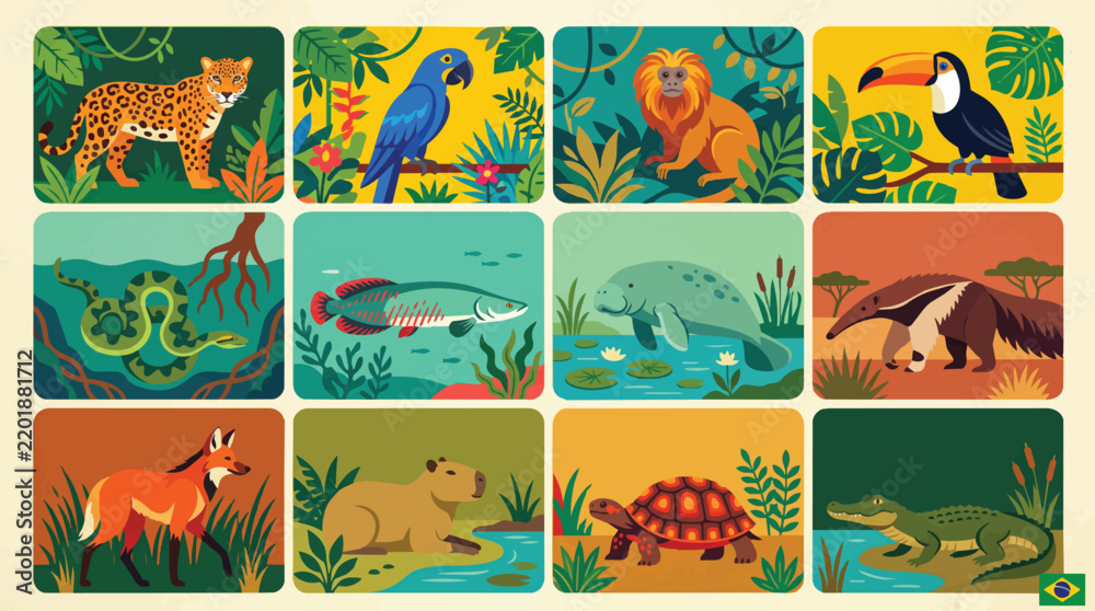 Obraz premium Brazilian jungle animals in square frames