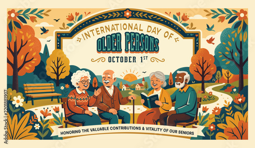 Older People Socializing in Park on International Day of Older Persons Illustration