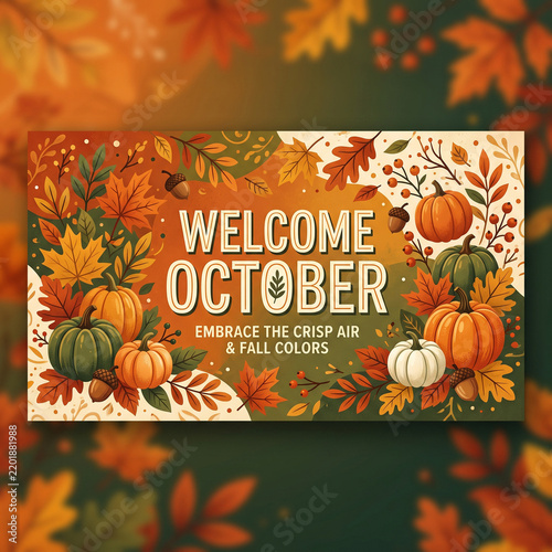 Welcome october autumn banner featuring pumpkins and fall foliage with crisp air copy space