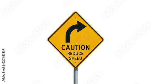 Caution Reduce Speed Diamond Road Sign With Right Curve Arrow Symbol