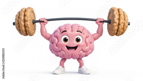 Cute cartoon brain character lifting barbell with walnuts for mental health and brain power concept