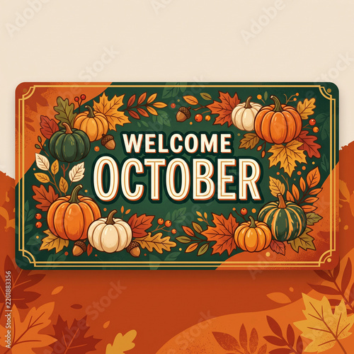 Welcome october autumn banner featuring pumpkins and foliage for seasonal marketing campaigns