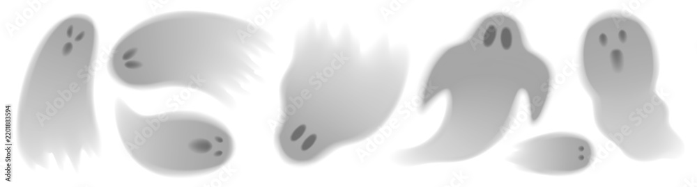 Obraz premium Set of abstract cute ghosts. Collection of scary transparent ghosts for Halloween decoration. Vector illustration of 3d spooky poltergeists or phantoms. Spooky spirits for holiday design.