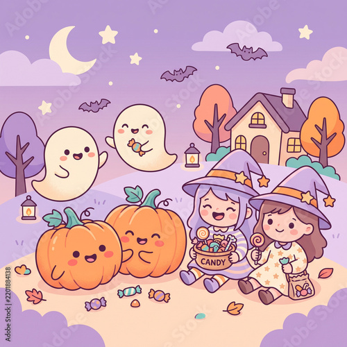 Two cartoon children in witch costumes handing out candy during Halloween night celebration with jack-o'-lanterns and ghosts