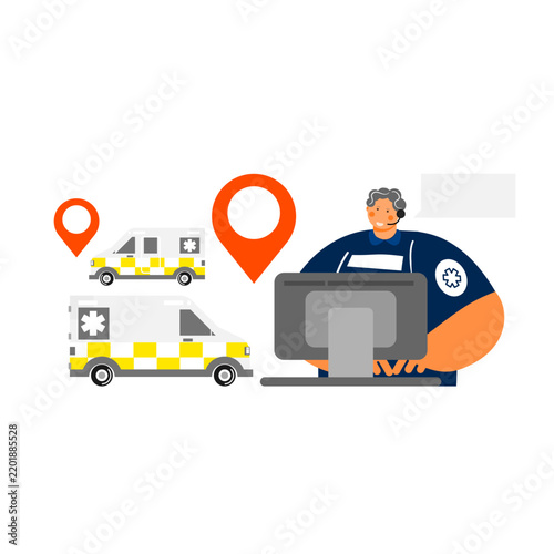 Emergency Medical Dispatcher and Ambulance Fleet Management Vector Illustration