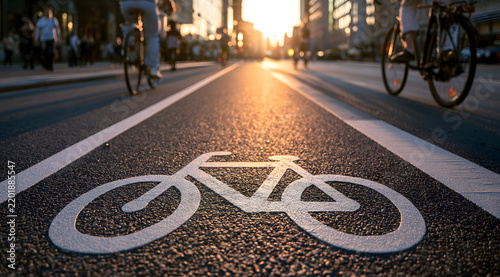 A close-up shot of a bicycle lane on asphalt, set against the backdrop of city structures and cyclists in the distance, evoking themes of urban mobility and eco-friendly transportation.
