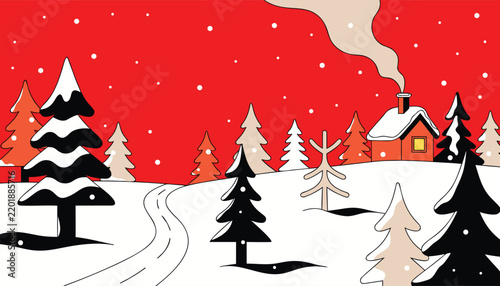 Cozy cabin with smoking chimney amidst snowy trees during winter twilight vector illustration