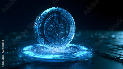 glass car tire icon glowing blue with a tread pattern on a dark technology background, representing an automotive part