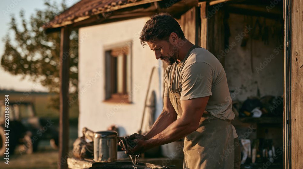 Fototapeta premium Farmer washing his hands at an outdoor sink on a rural farm, with agricultural fields in the background.