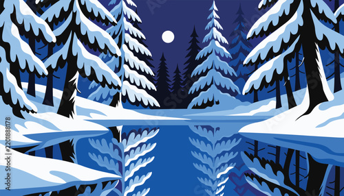 Snow covered pine trees reflecting in a calm winter lake under moonlight vector illustration
