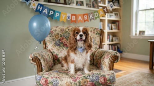 Cavalier King Charles Spaniel dog sitting on floral armchair with birthday decorations