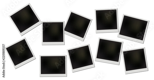 Scattered blank instant film photo frames with dark placeholders isolated on transparent background