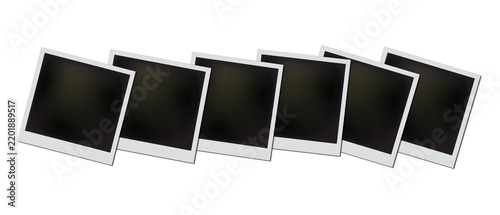 Six blank instant polaroid photo frames arranged in a horizontal row, isolated on transparent background