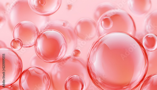 Pink PDRN serum drops texture, with a 3D background featuring salmon DNA and peptides. Rose water facial toner, cleansing gel, or lotion bubbles. Liquid cosmetic ball spheres, spa beauty ad banner. 3D