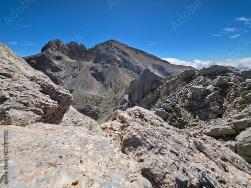 Panoramic view from Corno Piccolo peak towards Corno Grande massif in Gran Sasso National Park, Abruzzo, Italy