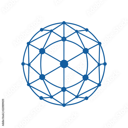 Abstract blue geometric network sphere connecting global points on a transparent background