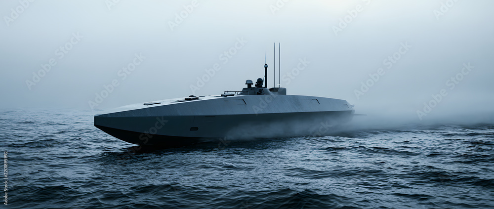 Obraz premium A vessel operating with minimal profile moves through sea fog. This concept involves naval robotics, reconnaissance, and maritime security.