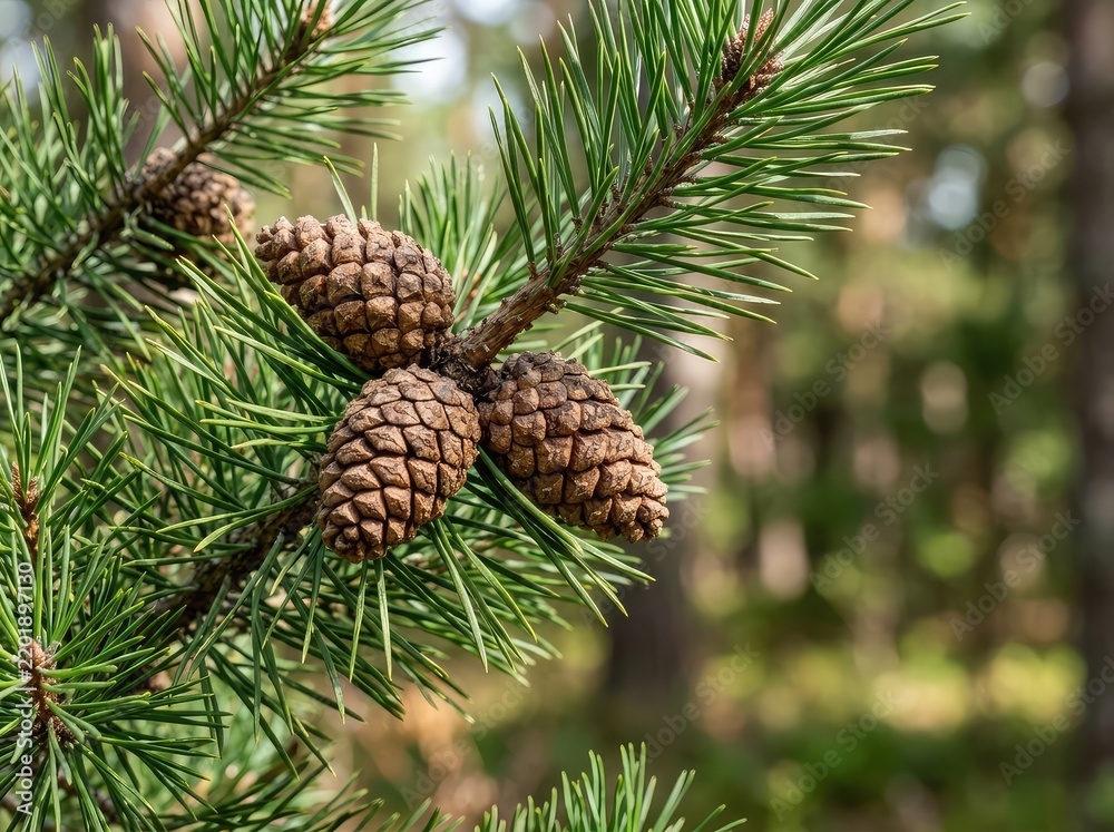 Obraz premium Close-up photograph of a fresh pine tree branch featuring multiple mature brown cones nestled among dense, sharp green needles against a soft, natural backdrop, scene, flora, tree