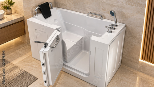 Accessible walk in bathtub with door, seat, grab bars and shower for disabled seniors in modern bathroom, mobility safety.