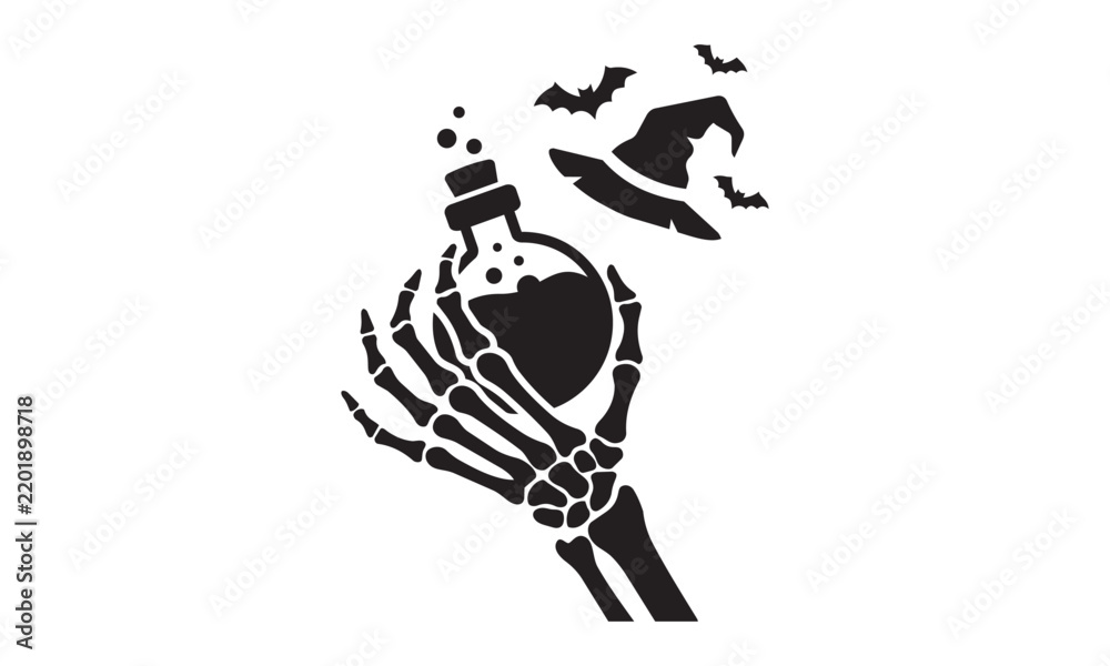 Fototapeta premium Skeleton hand holding a magic potion bottle with witch hat and bats