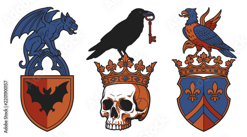 Set of vintage heraldic crests with mythical creatures vector design