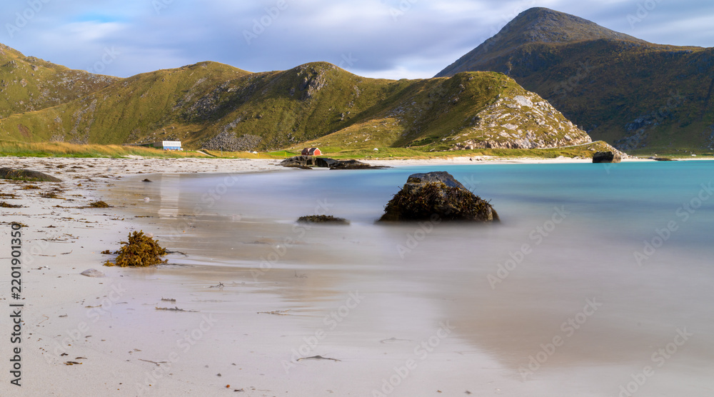 Fototapeta premium Rocky coastal landscape at Haukland Beach in the Lofoten Islands
