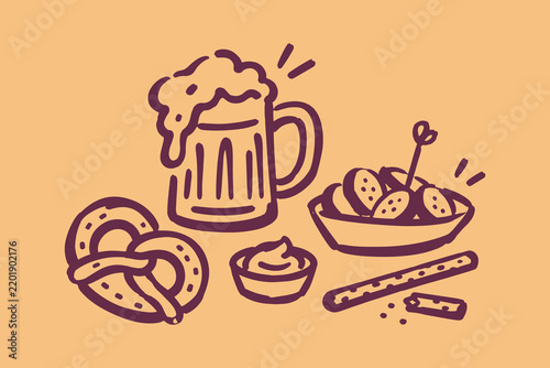 German Beer, Currywurst and Pretzel Hand Drawn Set