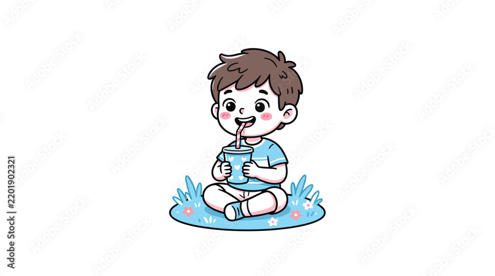 Fototapeta premium Boy Drinking Juice With Straw Cartoon Vector Illustration