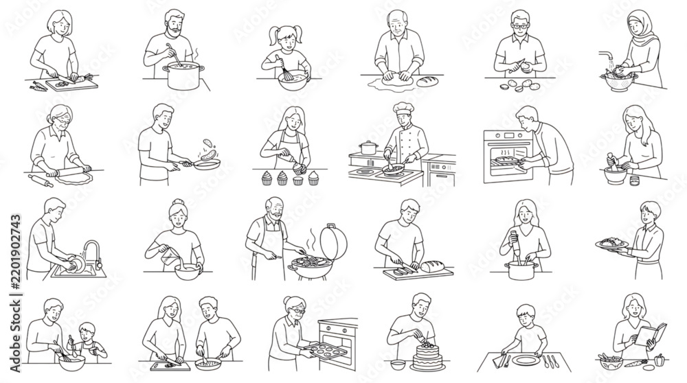 Obraz premium Collection of Line Art Illustrations Featuring People Preparing Various Delicious Meals at Home