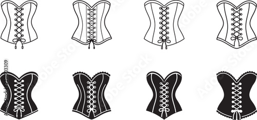 Black and white corset silhouette icon set for fashion, lingerie, clothing, tailoring and apparel design.