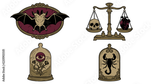 Gothic occult spooky creepy oddities illustrations set
