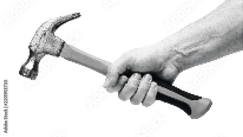 Close up human hand holding metal claw hammer featuring gritty halftone texture in grayscale perfect for construction industry or repair service themes.