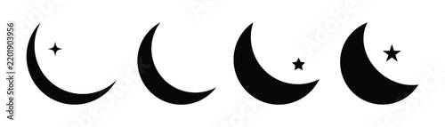 Moon and Star Icon Set in flat, glyph, solid. Crescent Lunar icons Vector for Ramadan, Night, Islamic and Celestial Design in silhouette Style. Moon shapes - different vector phases of the moon.