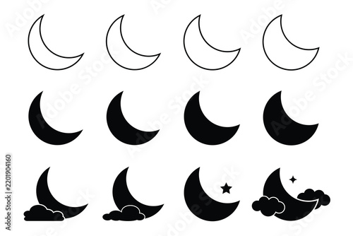 Crescent moon with stars icon on white background. Night icon. Crescent moon icon in solid and minimalist style. Moon, cloud and stars icon with outline and glyph style symbol pack vector for graphic.