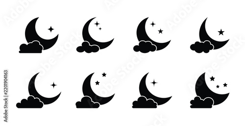 Moon and Star Icon Set in flat, glyph, solid. Crescent Lunar icons Vector Collection for Ramadan, Night, Islamic and Celestial Design in silhouette Style. Decorative black moon with star and clouds.