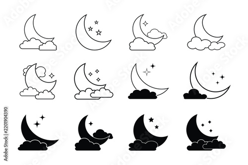 Moon and Star Icon Set in flat, glyph, outline. Crescent Lunar icons Vector Collection for Ramadan, Night, Islamic and Celestial Design in silhouette Style. Decorative black moon with star and clouds.