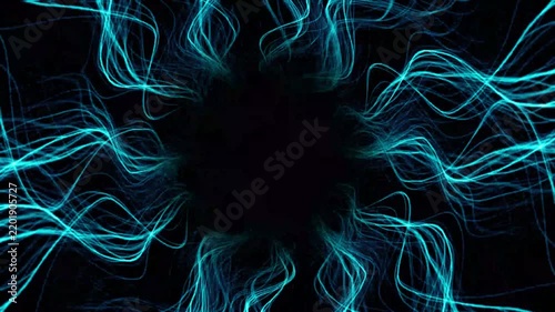 Glowing cyan blue electric wave particle lines motion overlay animation, electric energy line effect for sci-fi motion graphics, abstract light energy strand flow visual asset on black screen. 4k
