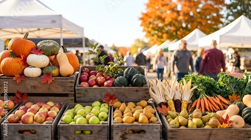 Fresh autumn harvest displayed in wooden crates at outdoor farmers market with colorful pumpkins apples gourds corn and carrots for sale.