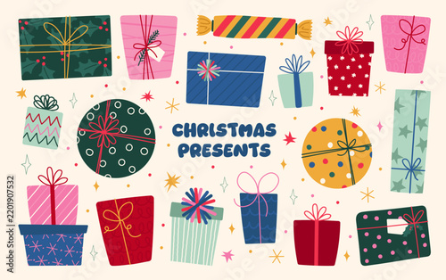 Mid-century retro Christmas gifts set with wrapped present boxes, ribbons, bows and festive stars