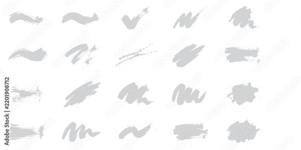 Fototapeta premium A collection of hand-drawn brush strokes and scribbles, rendered in a cool grey tone, provides a versatile set of graphic elements for creative design.